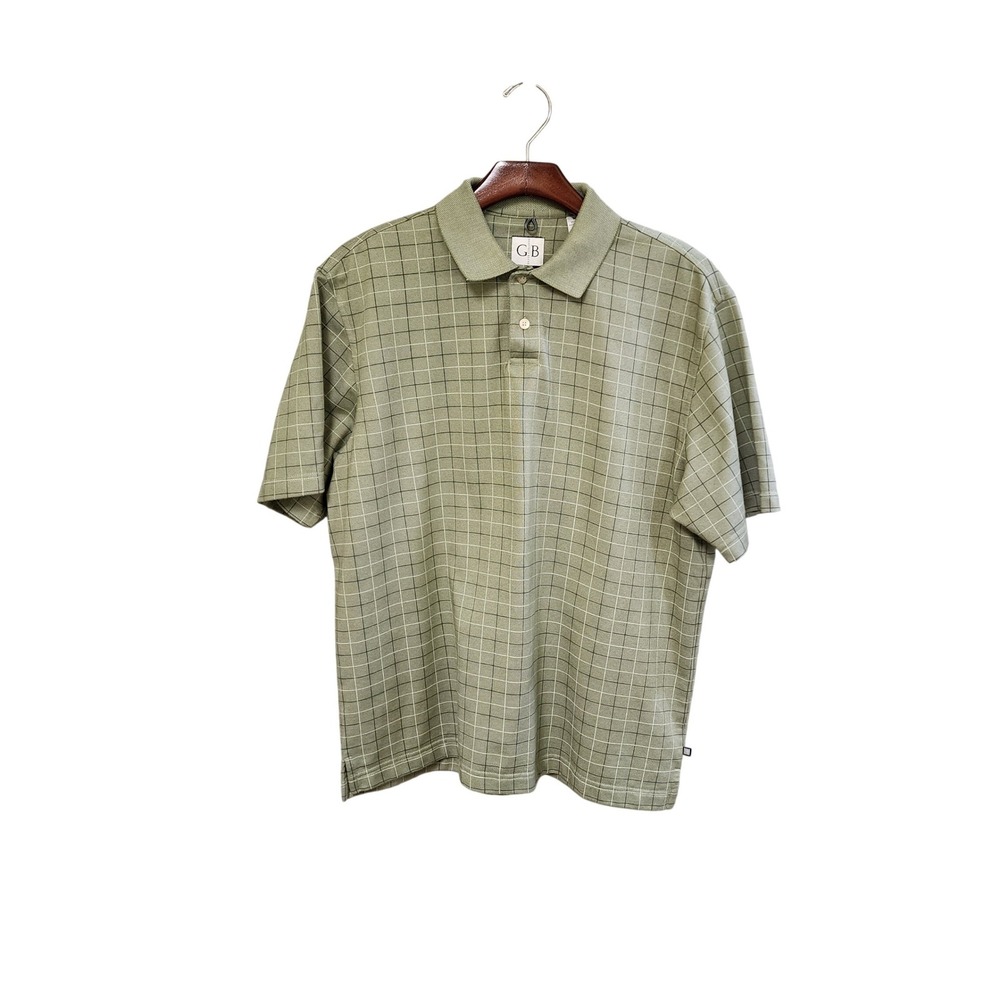 Geoffrey Beene Mens Sage Green Windowpane Check Polo Shirt Size M Short Sleeve